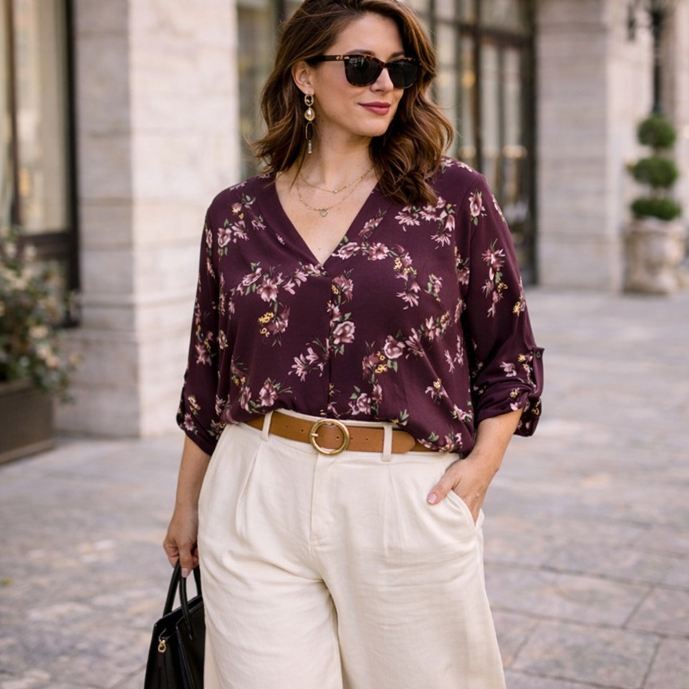 Beacon Stitch Fix Burgundy Floral Top Romantic Dark Floral 1X